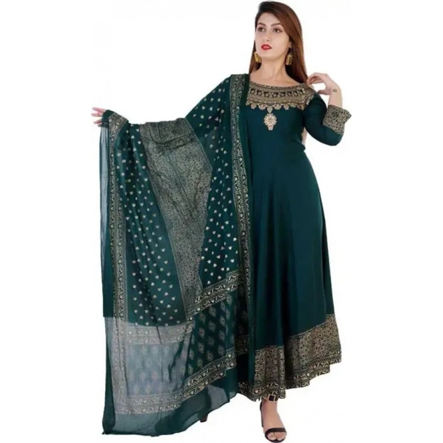 Green Rayon Printed Ethnic Gowns For Women