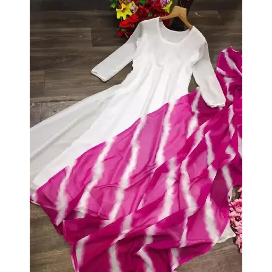 Indo-western Pink Printed Georgette Gown With Dupatta