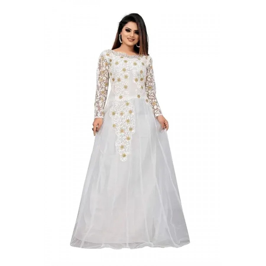 Jash Creation Women Net Anarkali Gown (White)