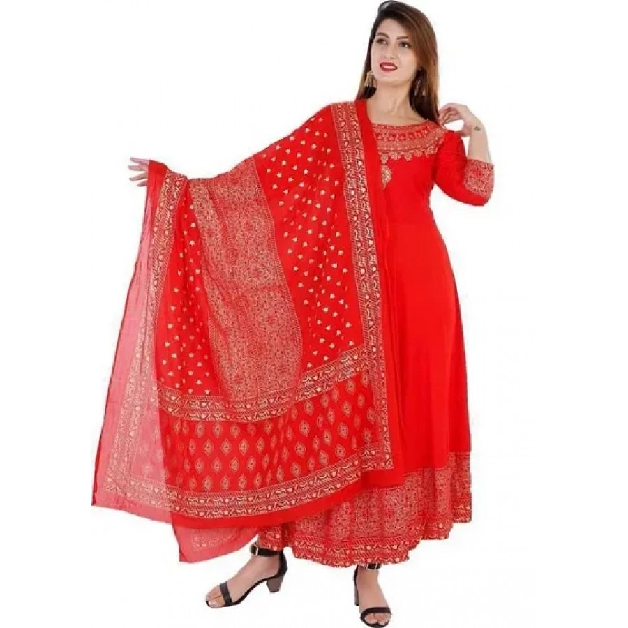 Red Rayon Printed Ethnic Gowns For Women