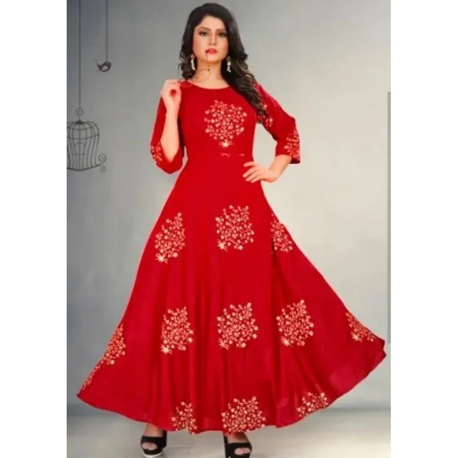 Red Rayon Printed Ethnic Gowns For Women