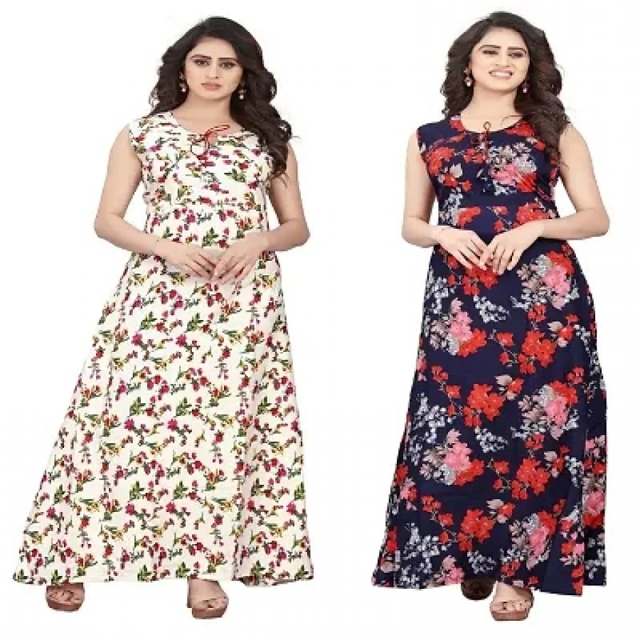 Regular Style Crepe Floral Print Gown - Pack OF 2