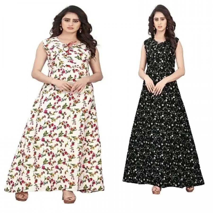 Regular Style Crepe Floral Print Gown - Pack OF 2