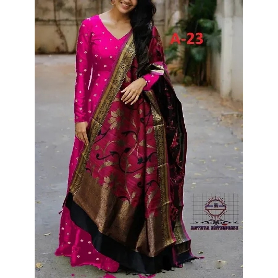 Stylish Fancy Taffeta Silk Ethnic Gown With Dupatta Set For Women