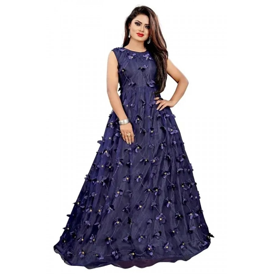 Stylish Indo-western Blue Solid Cotton Gown For Women