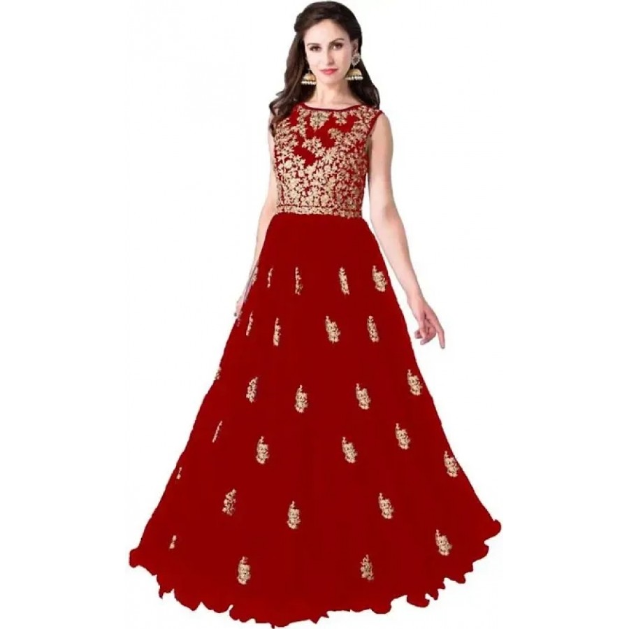 Stylish Net Embroidered Round Neck Gown For Women