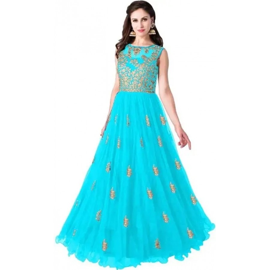 Stylish Net Embroidered Round Neck Gown For Women