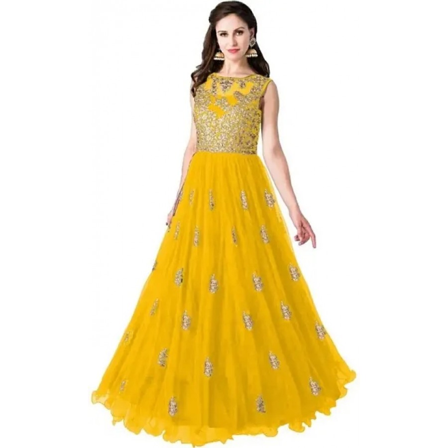 Stylish Net Embroidered Round Neck Gown For Women