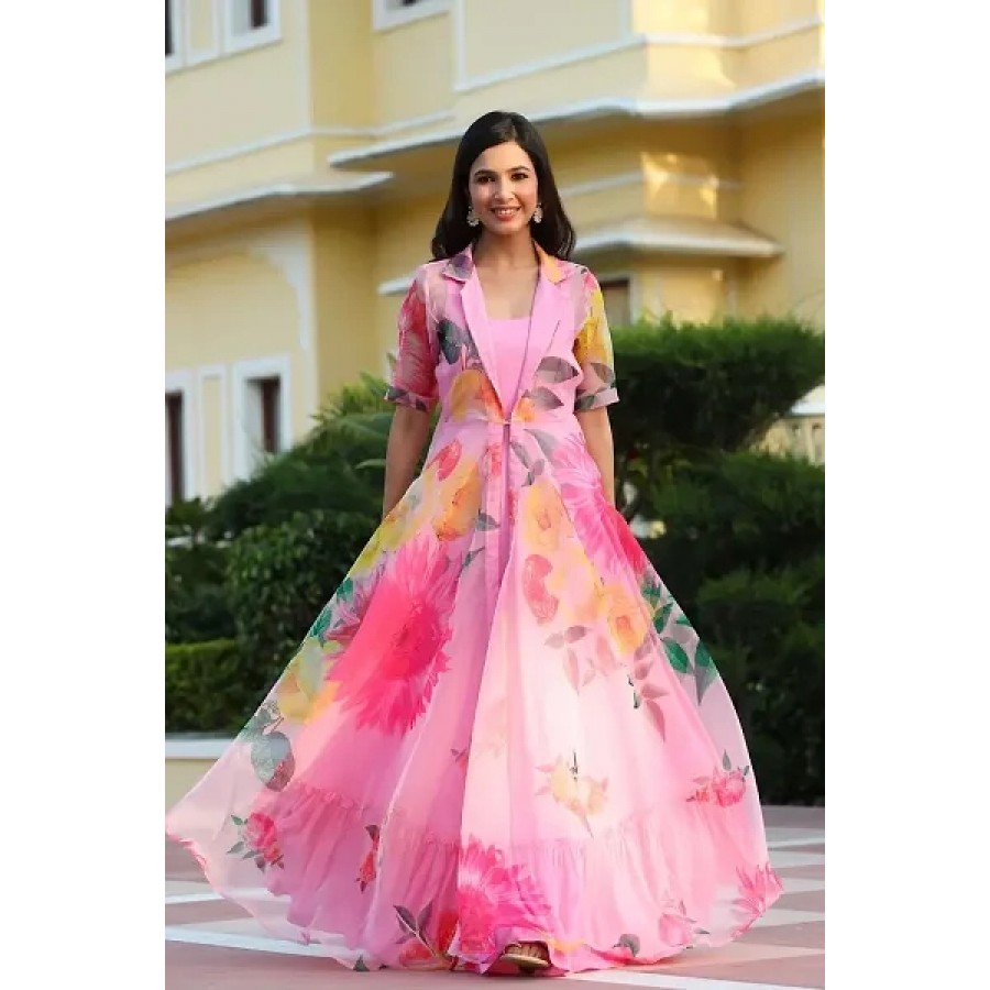 Stylish Pink Organza Woven Design Stitched Ethnic Gown For Women