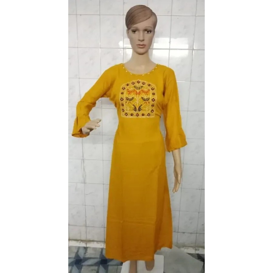 Stylish Rayon Mustard Embroidered Bell Sleeves Ethnic Gown For Women