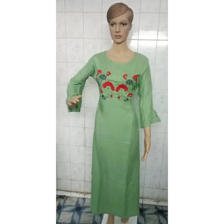 Stylish Rayon Rayon Green Bell Sleeves Embroidered Ethnic Gown