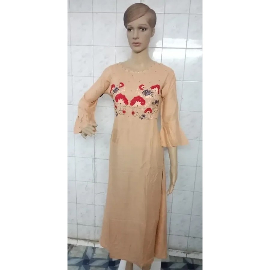 Stylish Rayon Rayon Peach Bell Sleeves Embroidered Ethnic Gown