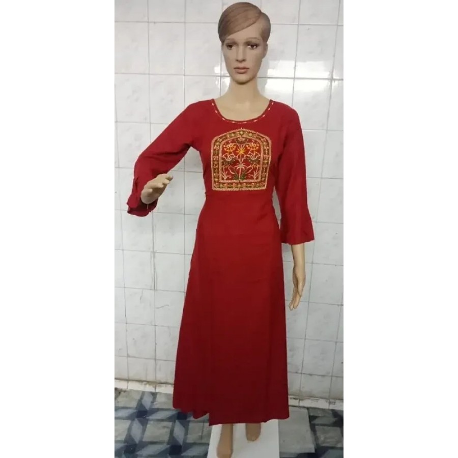 Stylish Rayon Red Embroidered Bell Sleeves Ethnic Gown For Women