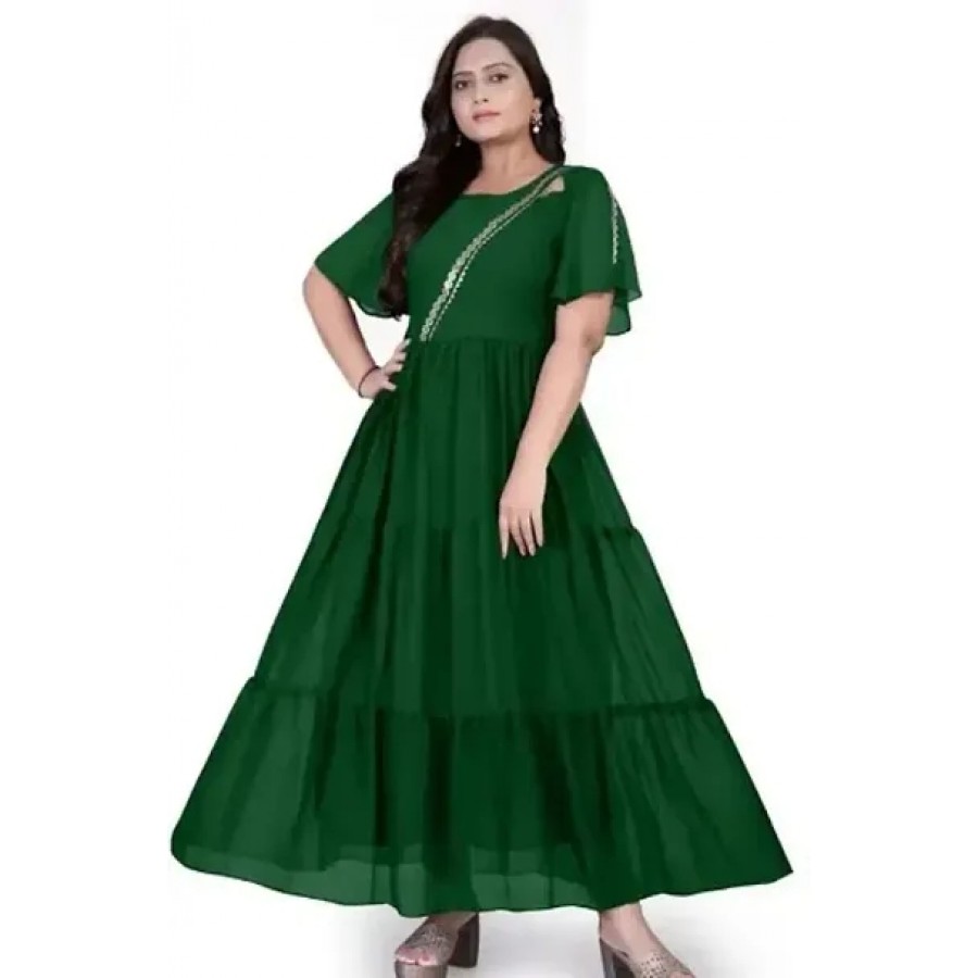 Trendy Green Crepe Solid Gown For Women