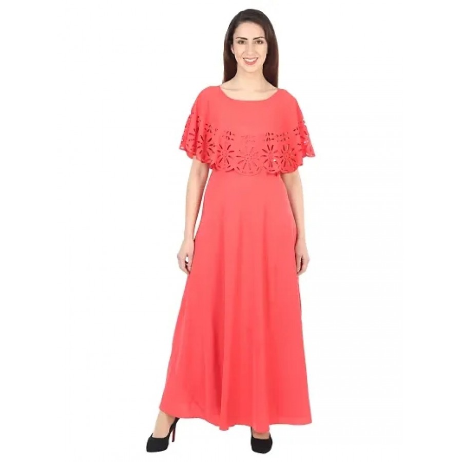 Trendy Red Crepe Solid Sleeveless Ethnic Gown For Women