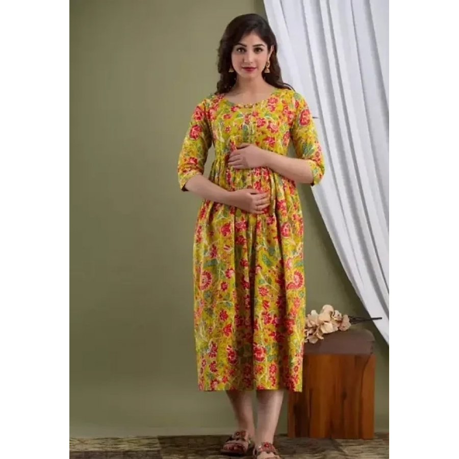 Trendy Yellow Printed Rayon Maternity Gown For Women