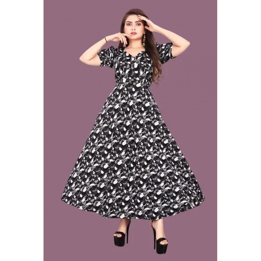 Women/Girls Party Wear Crepe Printed Sleeve  Gown Black