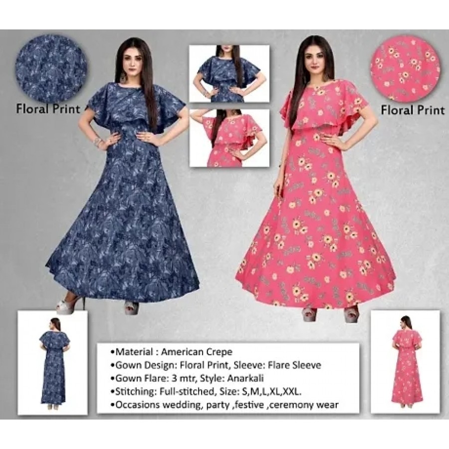 Women's Crepe Floral Printed   Cape Ruffle Sleeves Anarkali Gown (Combo Pack Of 2)