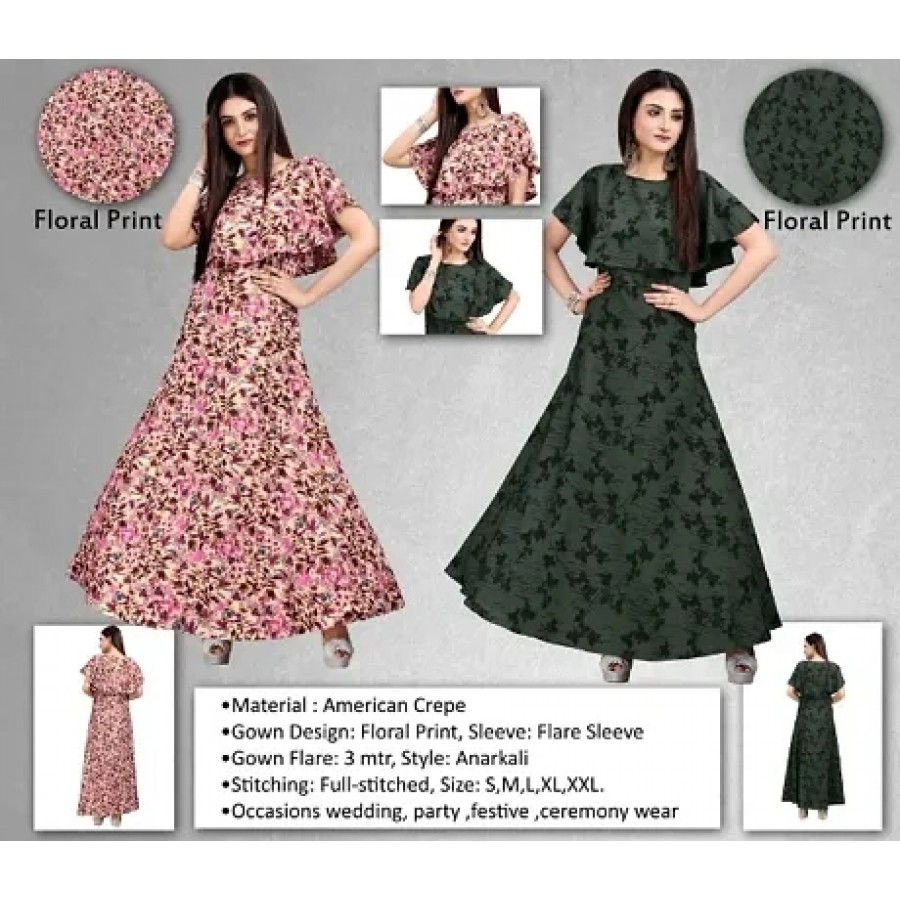 Women's Crepe Floral Printed   Cape Ruffle Sleeves Anarkali Gown(Combo Pack Of 2)