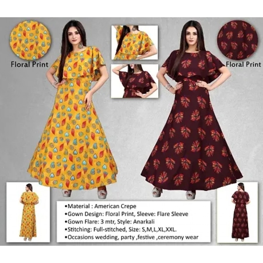 Women's Crepe Floral Printed   Ruffle Sleeves Anarkali Gown