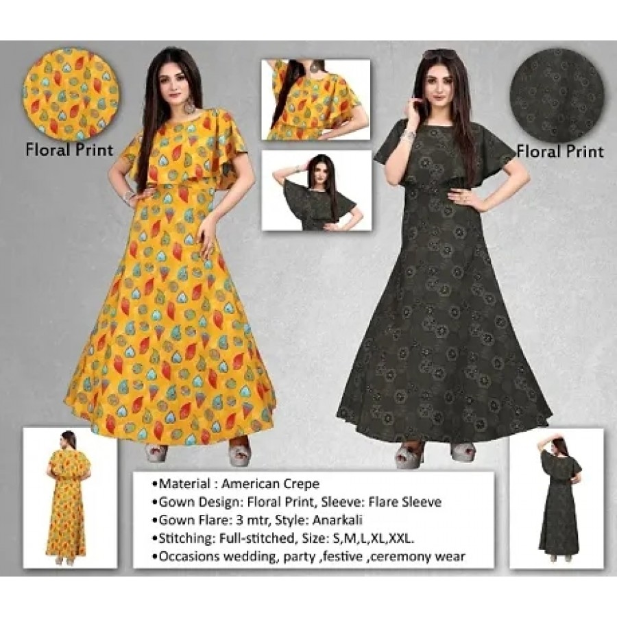 Women's Crepe Floral Printed   Ruffle Sleeves Anarkali Gown