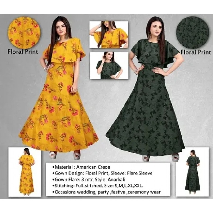 Women's Crepe Floral Printed   Ruffle Sleeves Anarkali Gown