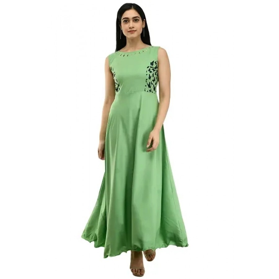 Women's Green Crepe Sleeveless Gown