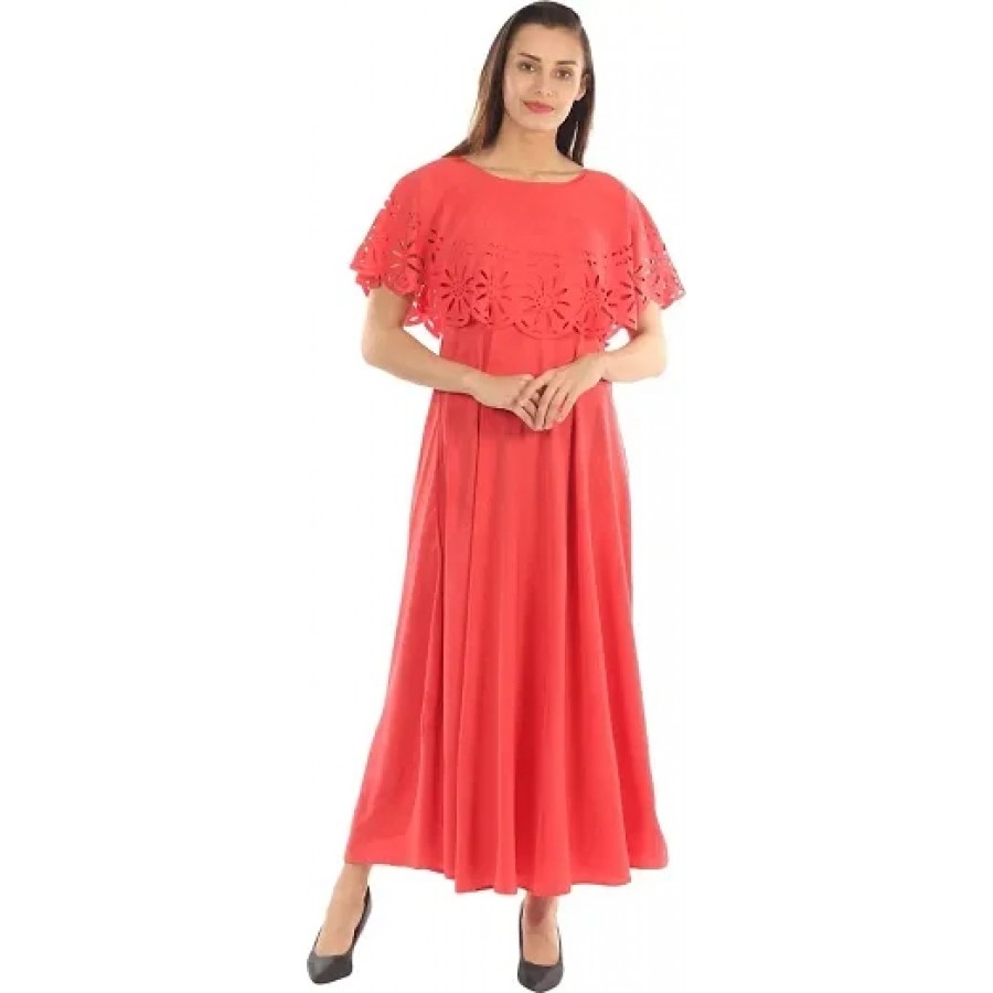 Women's Red Crepe Solid Gown