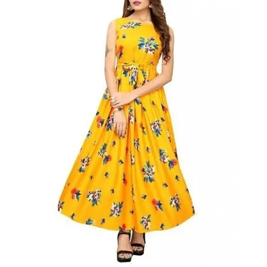 Women's Yellow Crepe Printed Ethnic Gown