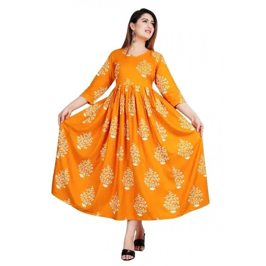 YELLOW PRINTED RAYON GOWN