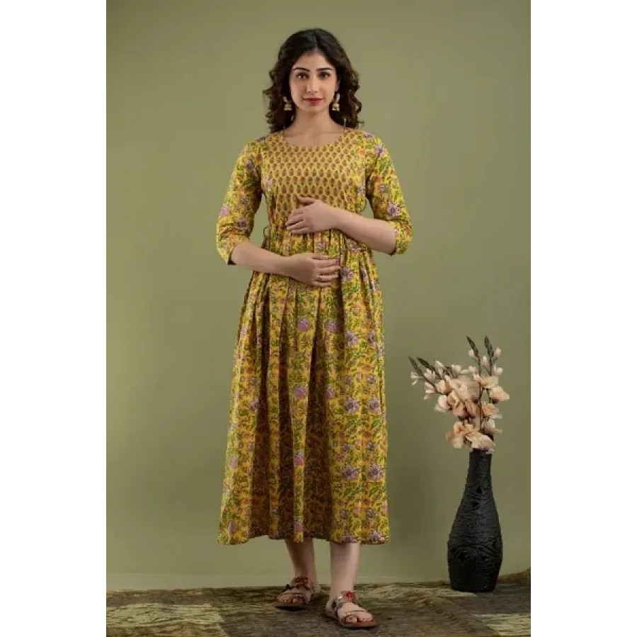 Yellow Coloured With Flowers Printed Maternity Feeding Gown