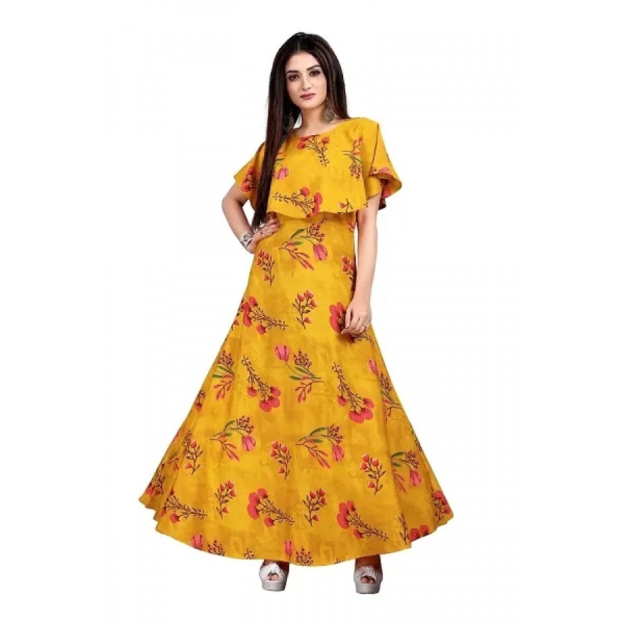 Yellow Crepe Ethnic Gowns For Women