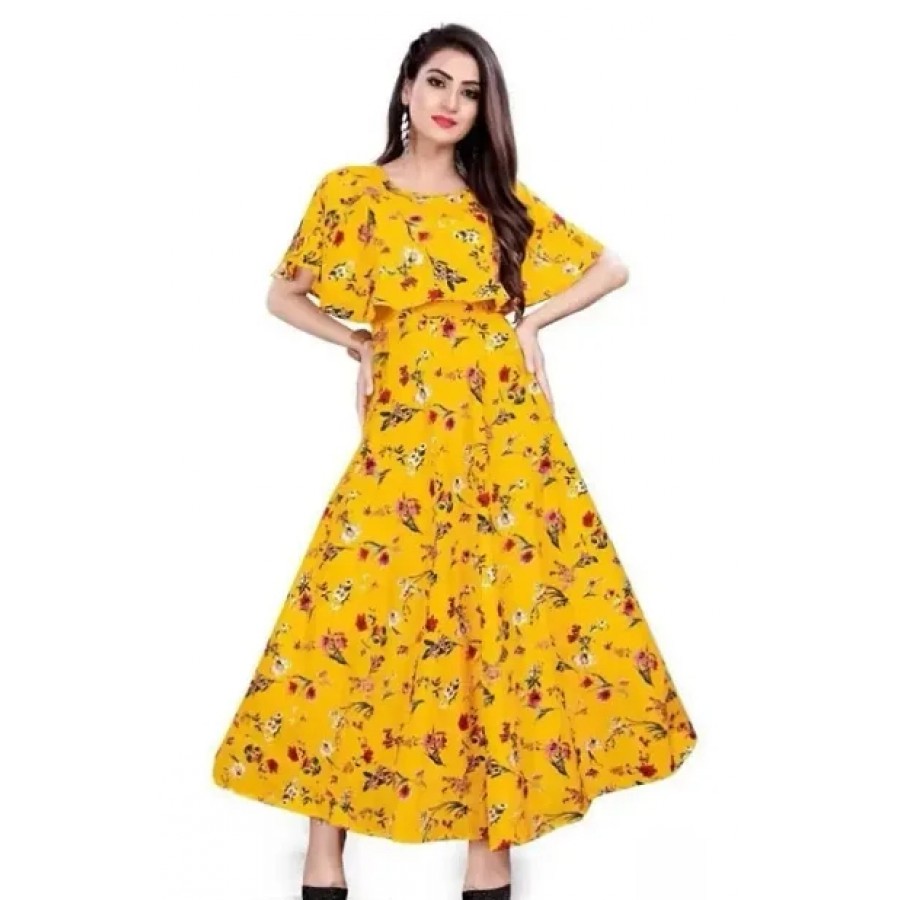 Yellow Crepe Printed Ethnic Gowns For Women