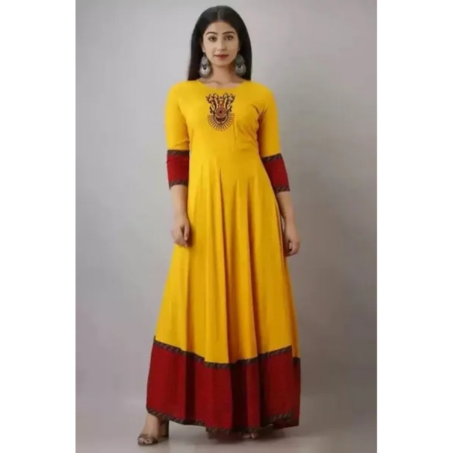 Yellow Rayon Embroidered Ethnic Gowns For Women