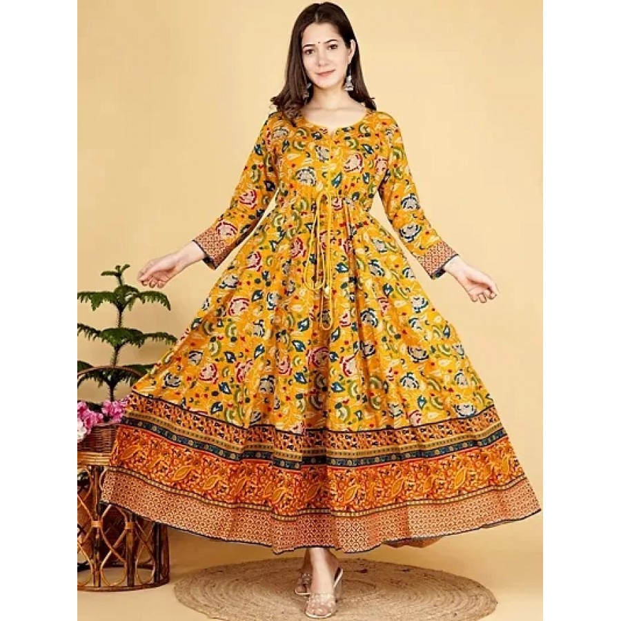 Yellow Rayon Printed Ethnic Gowns For Women