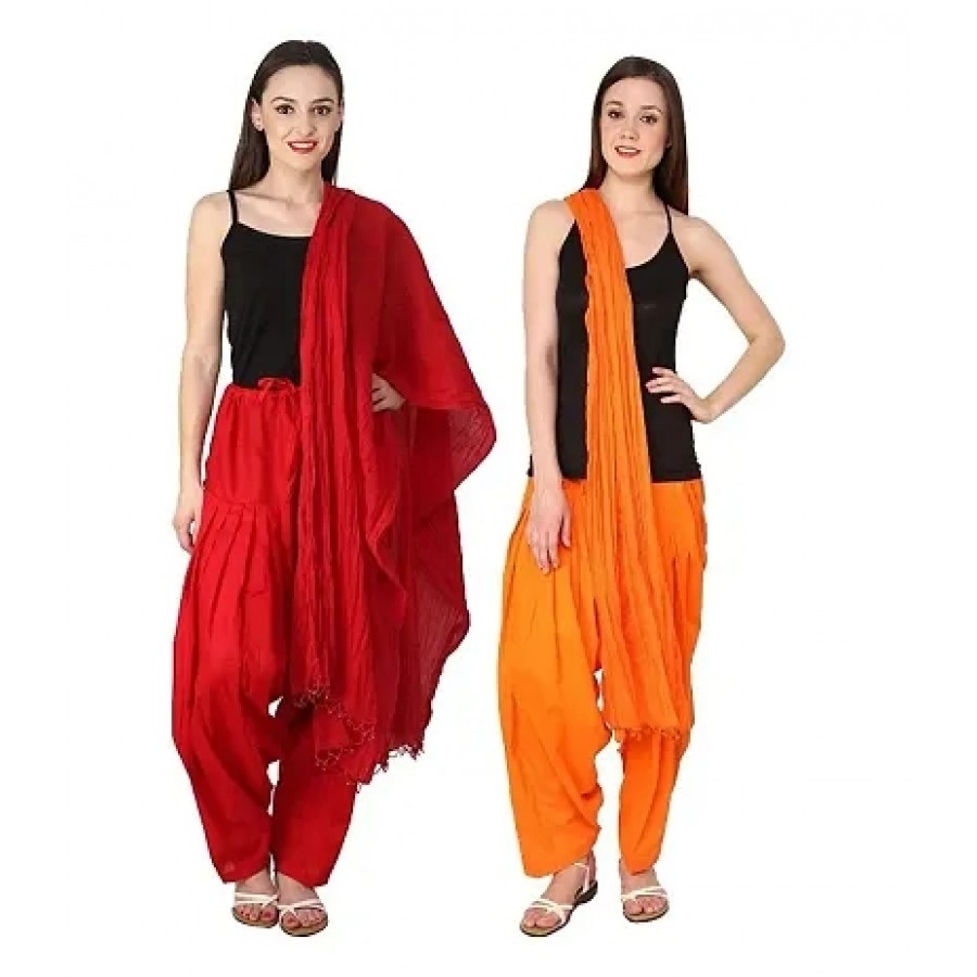 Fashionable Multicoloured Cotton Solid Patiyala And Dupatta Set (Combo Of 2)