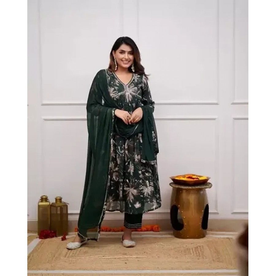 Green Floral Nayra Cut Rayon Kurtis With Palazzo  Dupatta Set