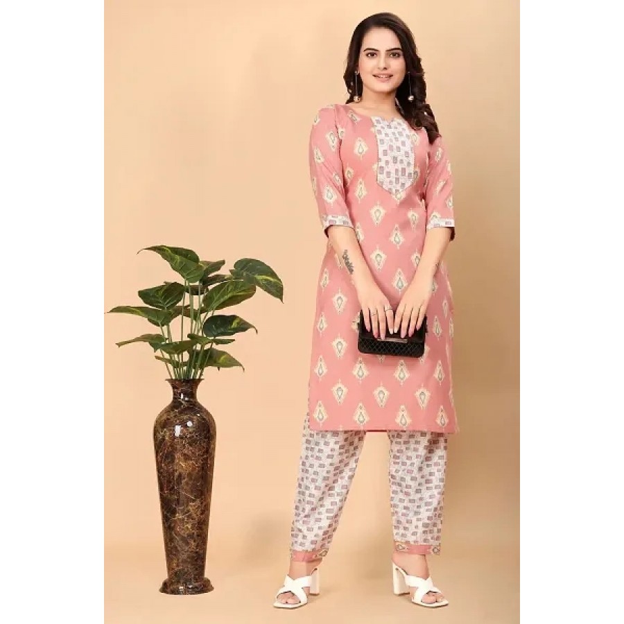 Women Cotton Blend Traditional Straight Printed Kurta and Pant Set