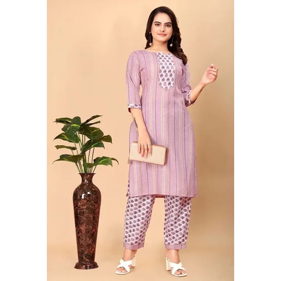 Women Cotton Blend Traditional Straight Printed Kurta and Pant Set