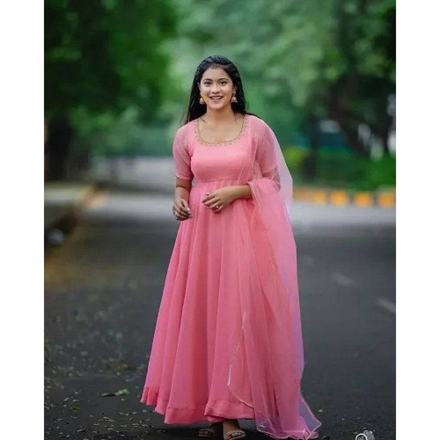 Beautiful Pink Georgette Long Kurta With Dupatta