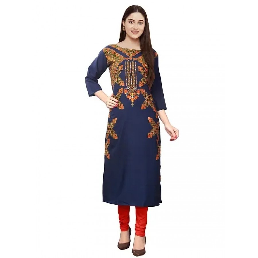 Stylish Navy Blue Crepe Printed Kurta For Women