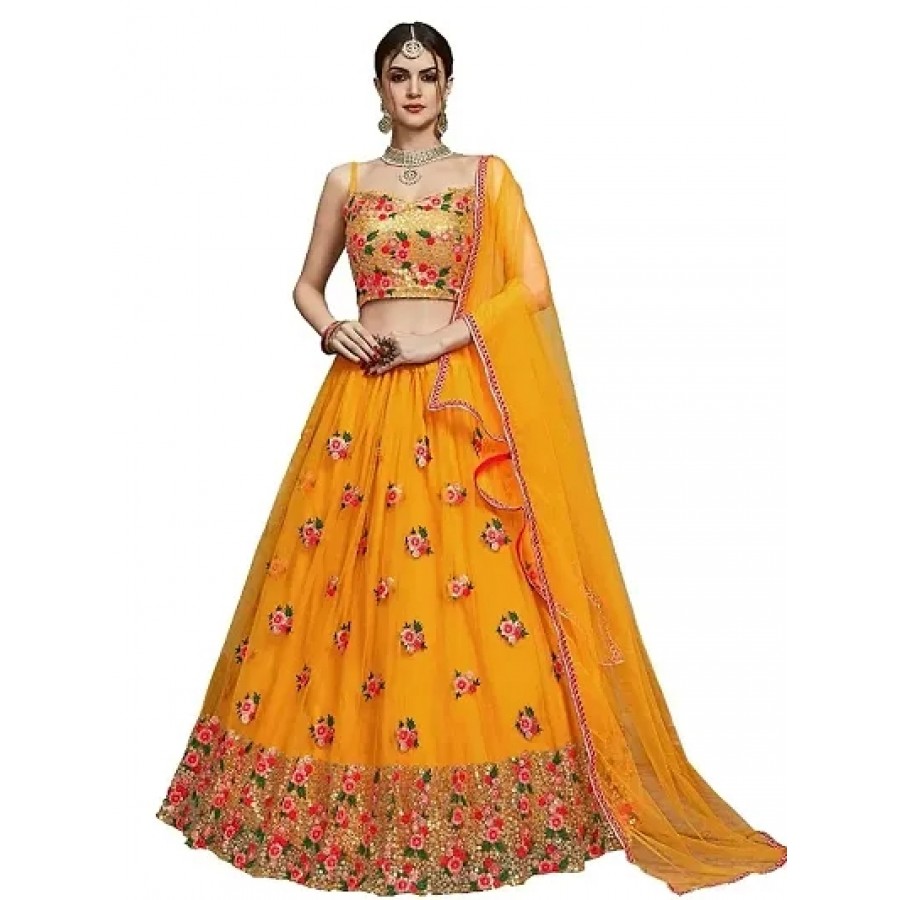 Attractive Net Embroidered Semi Stitched Lehenga Choli