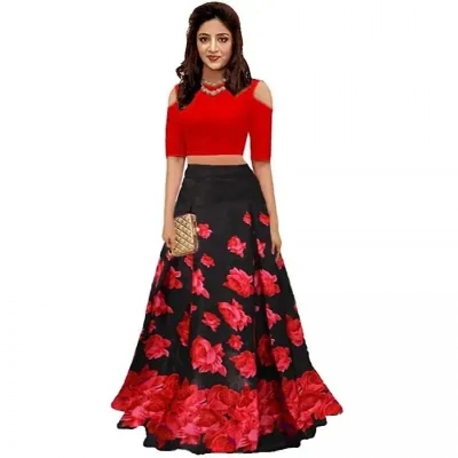 Black Satin Silk Printed Lehenga Cholis For Women