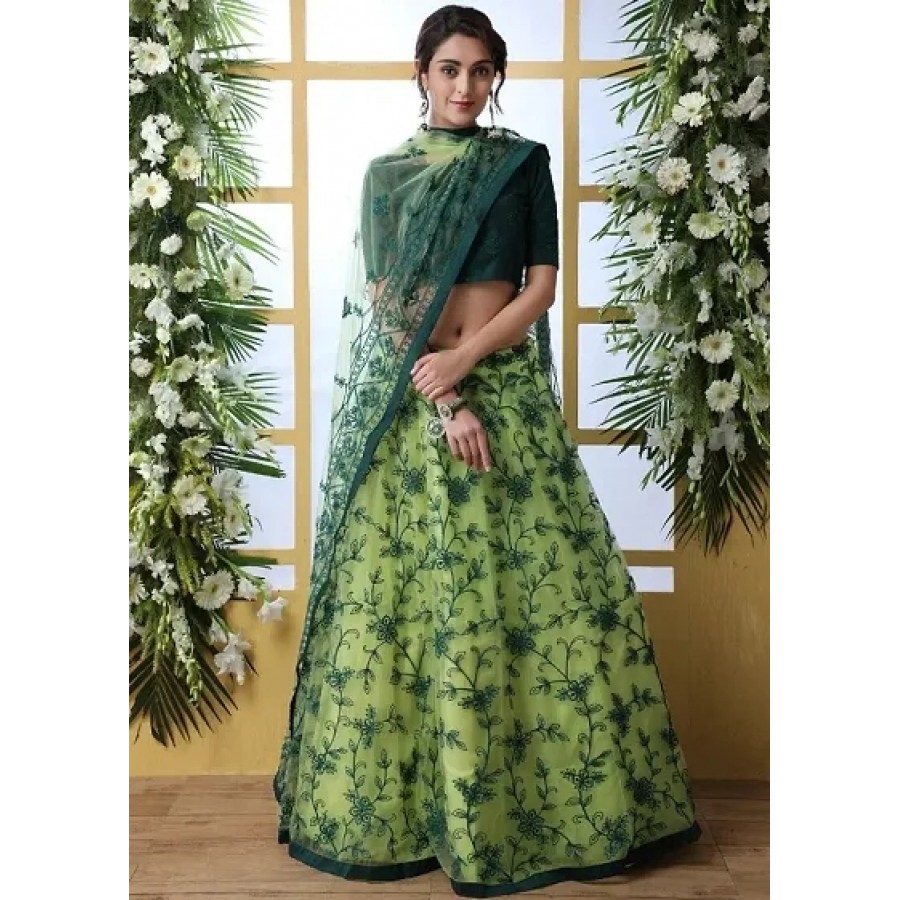 Elite Olive Net Handwork Embroidered Women Lehenga Choli Set with Dupatta