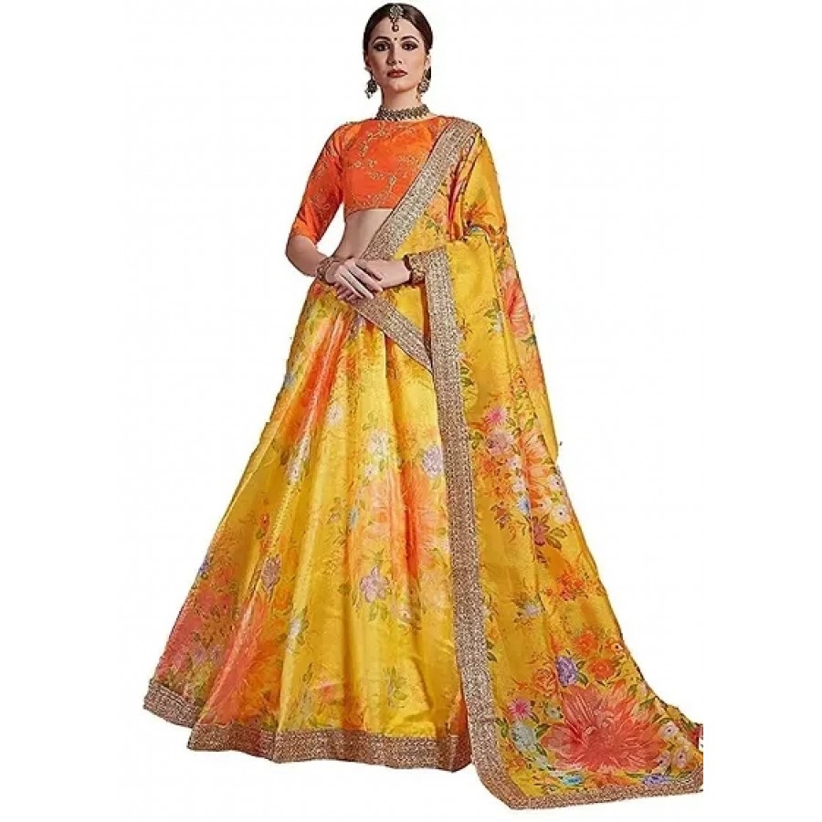 Elite Orange Banglory Silk Embroidered Women Lehenga Choli Set with Dupatta