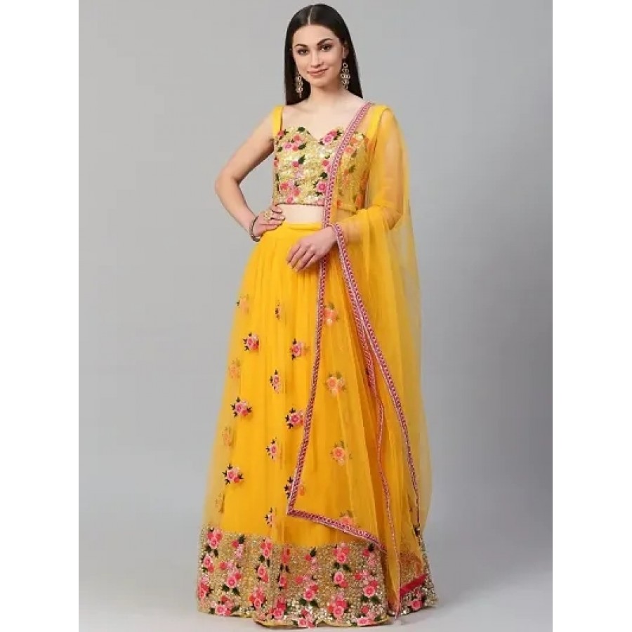 Elite Yellow Net Embroidered Women Lehenga Choli Set with Dupatta