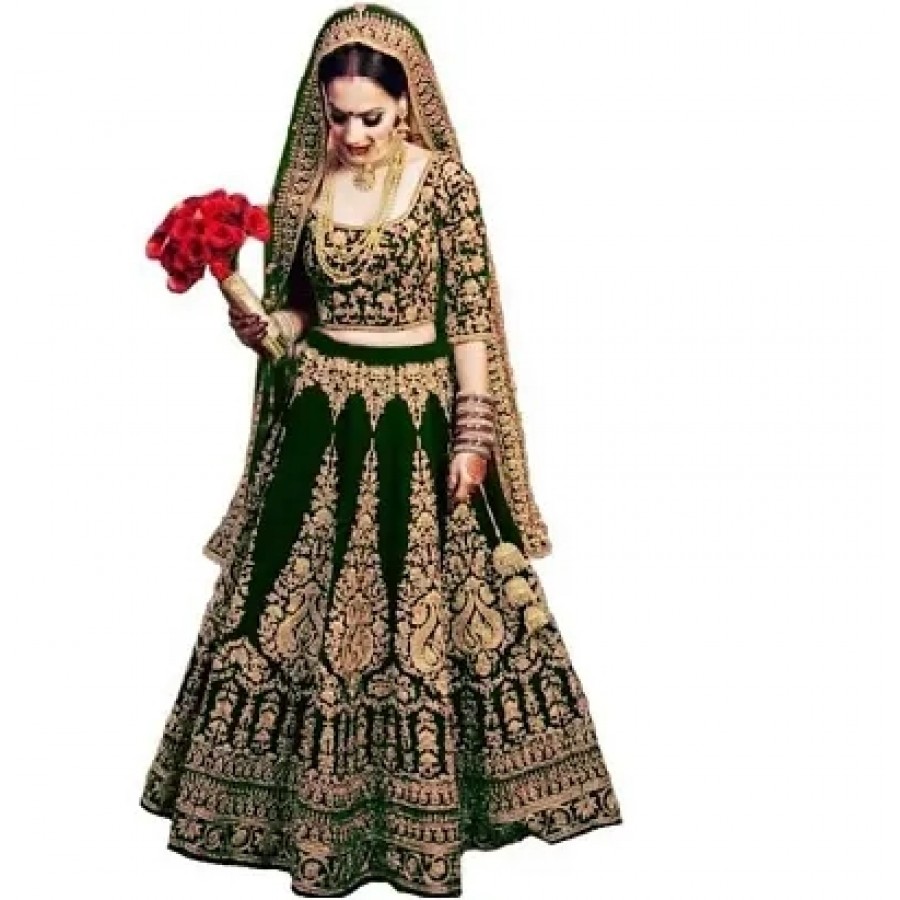 Fabulous Green Velvet Embroidered Semi Stitched Lehenga Choli With Dupatta For Women