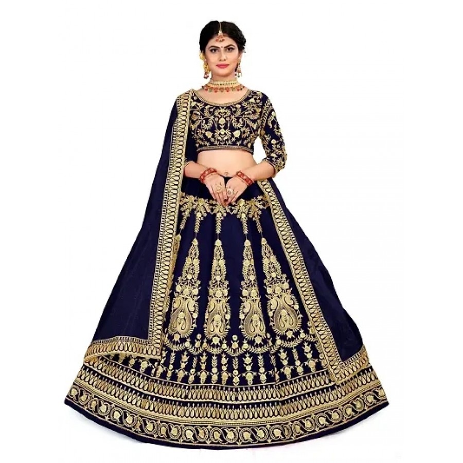 Fabulous Navy Blue Velvet Embroidered Semi Stitched Lehenga Choli With Dupatta For Women