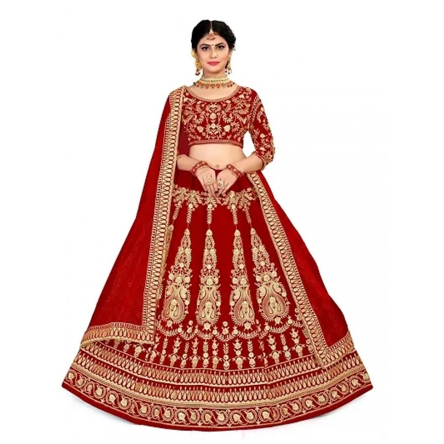 Fabulous Red Velvet Embroidered Semi Stitched Lehenga Choli With Dupatta For Women