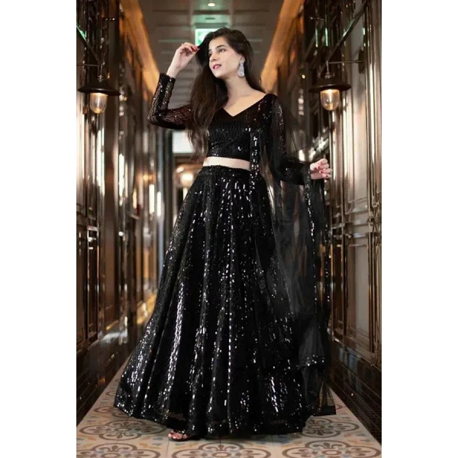 Stylish Black Net Lehenga Choli Set For Women